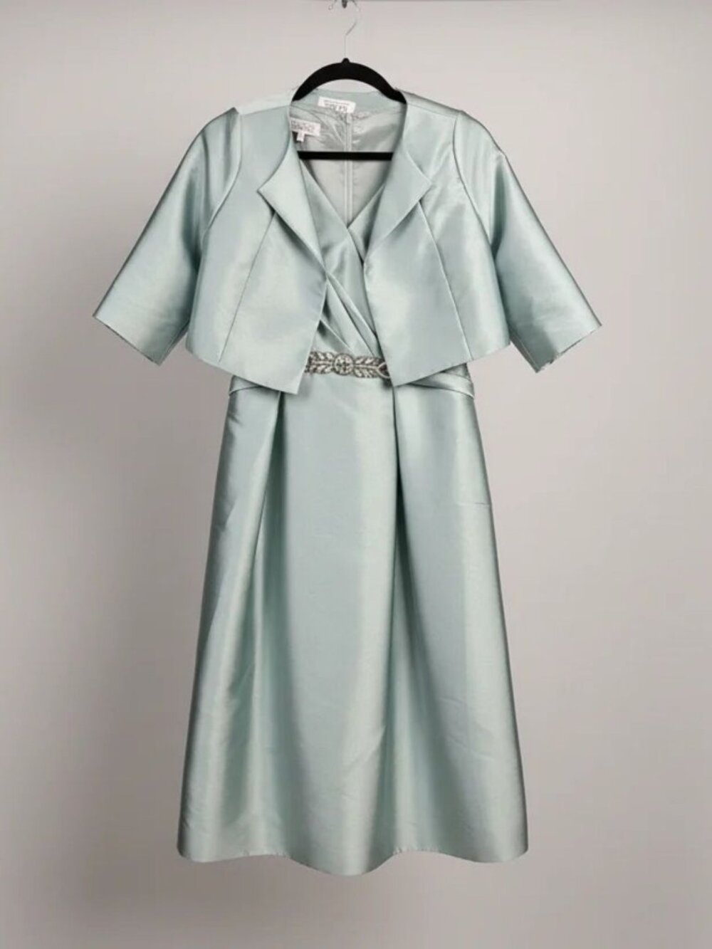 Teri Jon By Rickie Freeman A-Line Gown Cropped Bolero Jacket Satin Finish Aqua